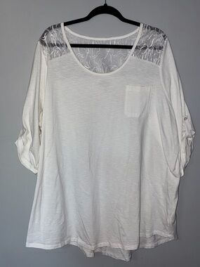 Roaman's White Lace Yoke Scoop Neck Shirt